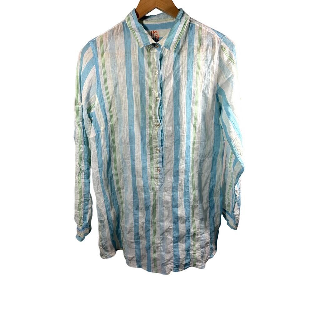 J. McLAUGHLIN Women's Striped Crinkle Fabric Popover Shirt Blue/White Medium
